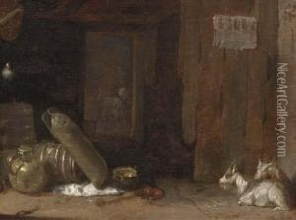 A Barn Interior With Goats And A Lady Milking A Goat Beyond Oil Painting - Cornelis Saftleven