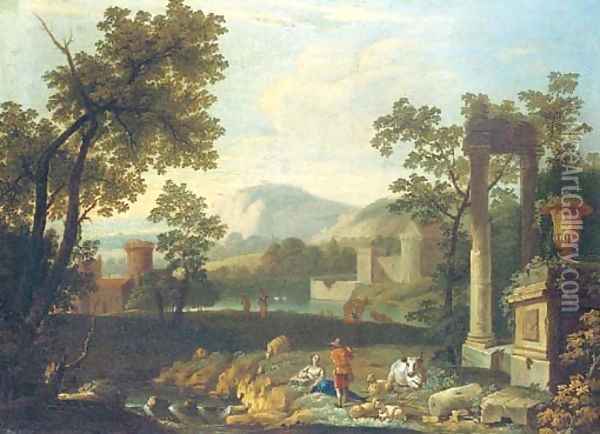 An Italianate landscape with shepherds by classical ruins Oil Painting - Pieter Rysbrack