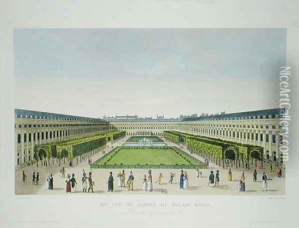 View of the Gardens of the Palais Royal, as seen from the Galeries de Bois Oil Painting - Henri Courvoisier-Voisin