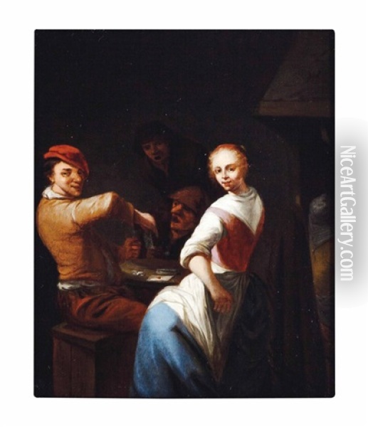 Peasants Merrymaking In A Tavern (2 Works) Oil Painting - Gerrit Lundens