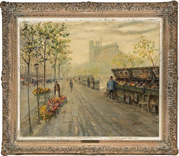 Bookstalls Along The Seine Oil Painting - Paul Gauci