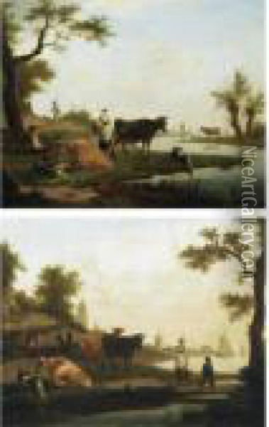 A Pair Of River Landscapes With Drovers And Their Animals Oil Painting - Frans Swagers