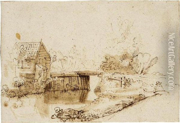 Landscape With A Draughtsman Seated By A River, A Bridge And A Cottage Behind Oil Painting - Nicolaes Maes