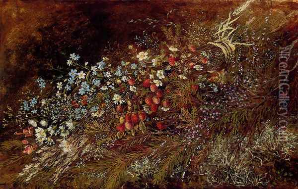 A Bouquet of Summer Fruits and Fowers on a Mossy Bank Oil Painting - Olga Wisinger-Florian