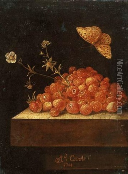 Strawberries In A Pot On A Stone Ledge With A Butterfly Oil Painting - Adriaen Coorte