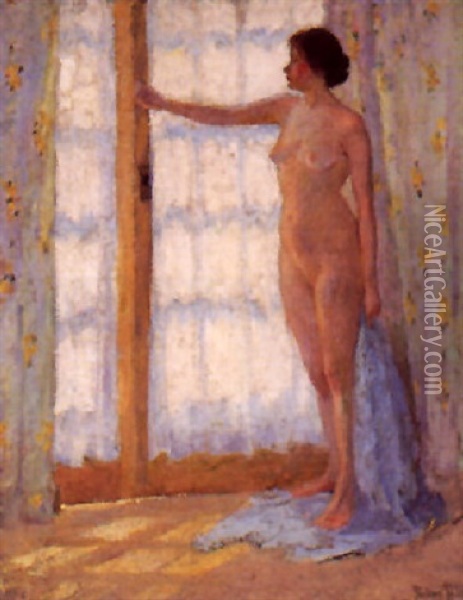 Full Length Nude In A French Window In Blue Watercolor Silk Robe Oil Painting - Pauline Palmer