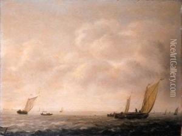 Wijdships Offshore Running In A Stiff Breeze, On A Cloudy Day Oil Painting - Simon De Vlieger