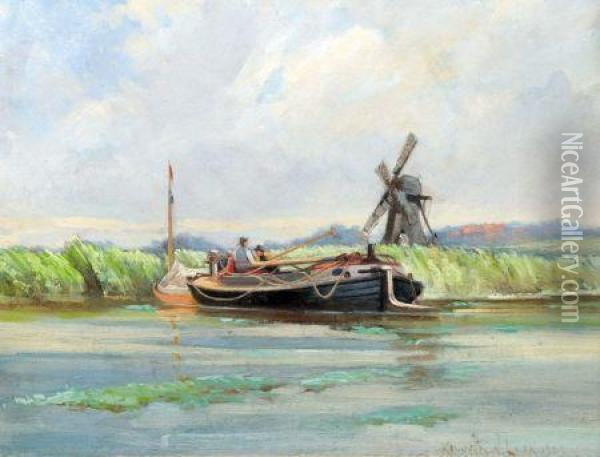 Scene With Wherry By A Windmill Oil Painting - Kenneth W. Luck