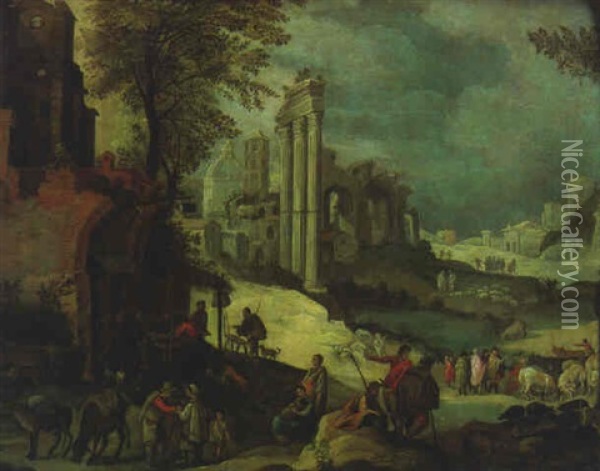 Figures Resting Before A Trattoria, The Forum And Saint Peter's, Rome Beyond Oil Painting - Adriaen van Nieulandt the Elder