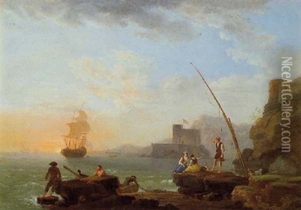 Fishermen And Other Figures Along A Shoreline With A Sailboat In The Distance Oil Painting - Jean Francois Hue
