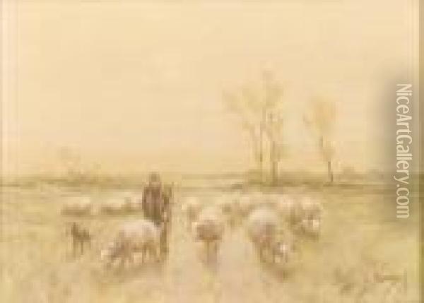 A Shepherd And Flock Heading Home Oil Painting - Anton Mauve
