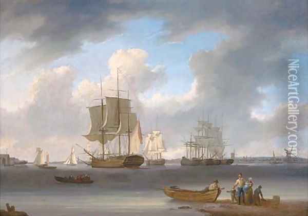 A three-master and other ships on the Thames at Millwall, with colliers moored in the middle of the river Oil Painting - William Anderson