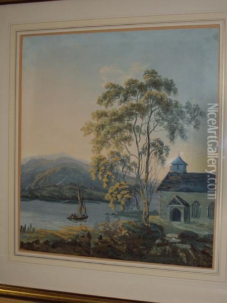 Lake Landscape, With Chapel At The Lakeside And Figures And Boat Before Oil Painting - John Laporte