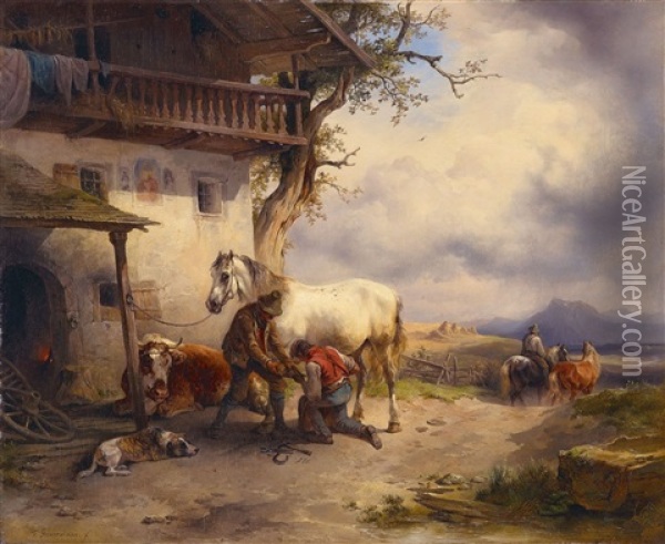 Vor Der Dorfschmiede Oil Painting - Friedrich Gauermann
