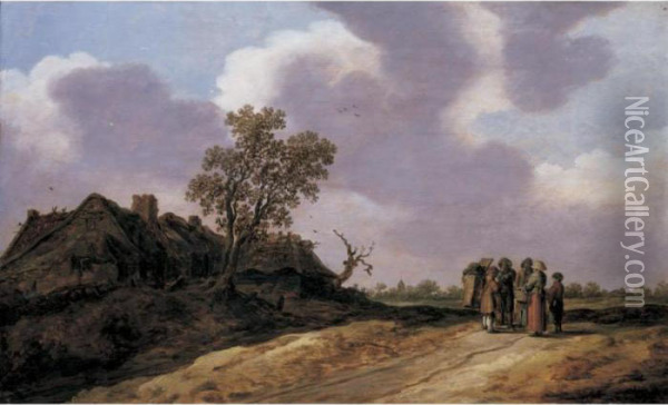 A Dune Landscape With Figures Conversing Before A Row Of Cottages Oil Painting - Jan van Goyen