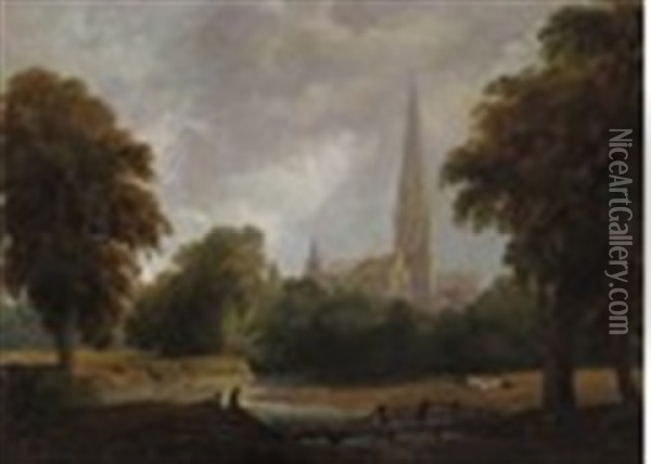 Salisbury Cathedral From The Meadows Oil Painting - Joseph Farington