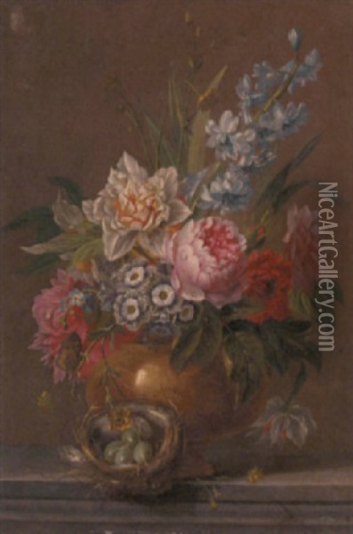 Summer Flowers In A Vase With A Bird's Nest On A Marble Ledge Oil Painting - Jan van Os