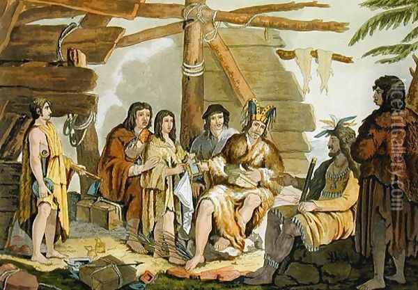 Indians trading with La Perouse in Canada Oil Painting - G. Bramati