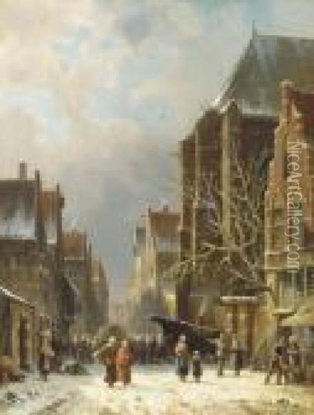 A Busy Street In Winter Oil Painting - Adrianus Eversen