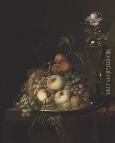 Grapes, Peaches, Plums, Apricots And A Rose In A Glass Vase On Adraped Table Oil Painting - Heroman Van Der Mijn