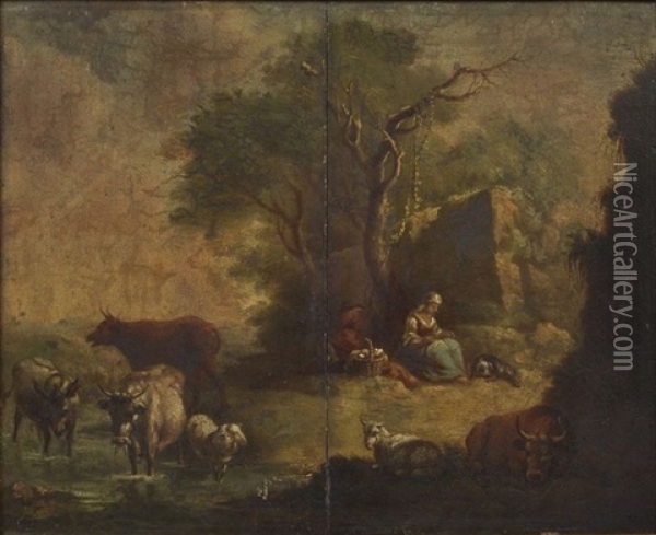 Landschaft Mit Herde Und Hirtenpaar Oil Painting - Dirk van Bergen