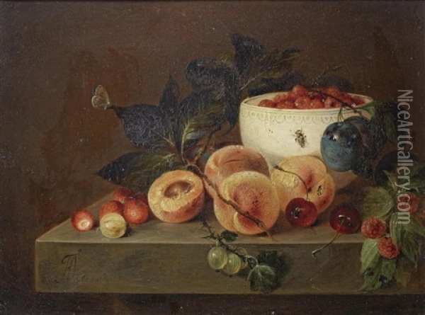 Peaches, Gooseberries, Cherries And Other Fruit On A Stone Ledge With A Bowl Of Raspberries; And Peaches, Grapes And Plums On A Stone Ledge (2) Oil Painting - Andreas Theodor Mattenheimer