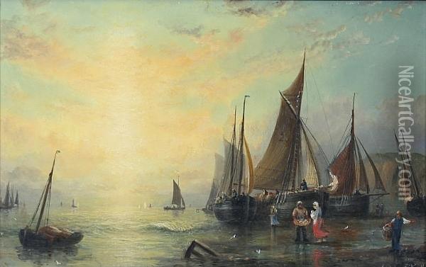 Fisherfolk On The Shore Oil Painting - Adolphus Knell