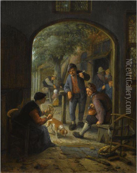 A Spinner Conversing With Two 
Smoking And Drinking Peasants At The Court-yard Of An Inn, Figures And 
Children In The Background Oil Painting - Adriaen Jansz. Van Ostade