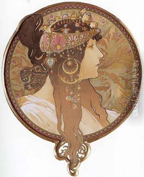 Byzantine Head: The Brunette. 1897 Oil Painting - Alphonse Maria Mucha
