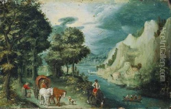 Flusslandschaft Mit Reiter Und Kutsche Oil Painting - Christoffel van den Berge