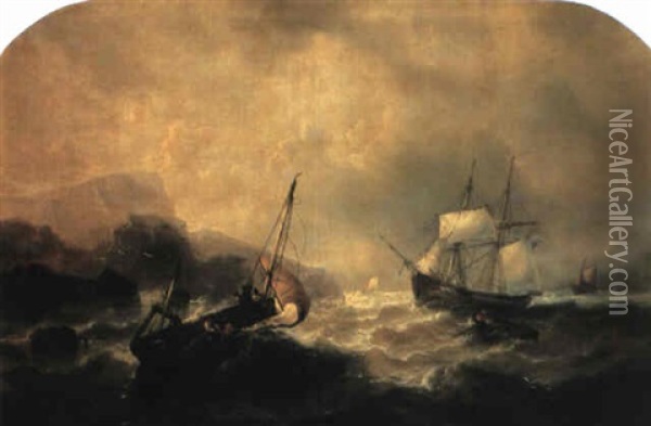 Fishing Vessels In Stormy Seas Off A Rocky Coastline Oil Painting - Francois-Etienne Musin