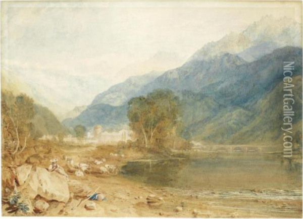 A View From The Castle Of St. 
Michael, Bonneville, Savoy, From The Banks Of The Arve River Oil Painting - Joseph Mallord William Turner