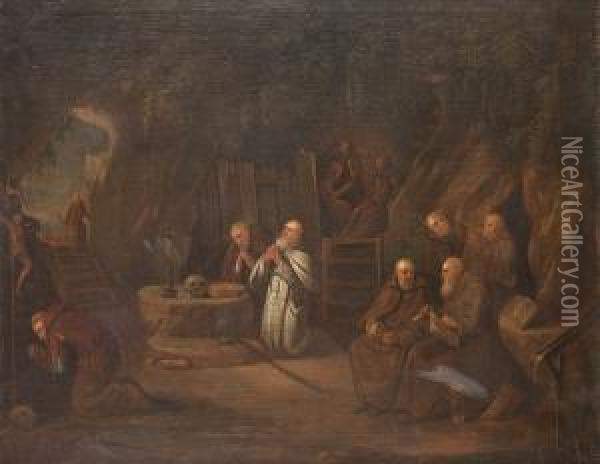 Monks At Prayer In A Grotto Oil Painting - Maarten Van Heemskerck