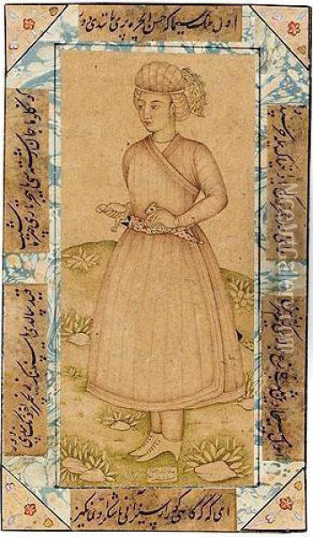 F - Standing Portrait Of A Young Prince With Jewelled Sword And Dagger, Signed By Shaikh Abbasi, Persia, Dated A.h.1066/a.d.1655-56 Oil Painting - Shaykh Abbasi