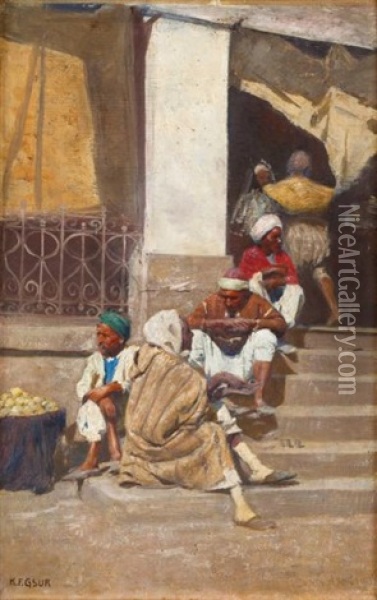 Marchands De Fruits A Tunis Oil Painting - Karl Friedrich Gsur
