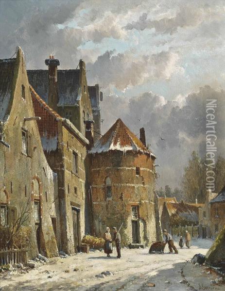 Figures On A Dutch Street, Winter Oil Painting - Adrianus Eversen