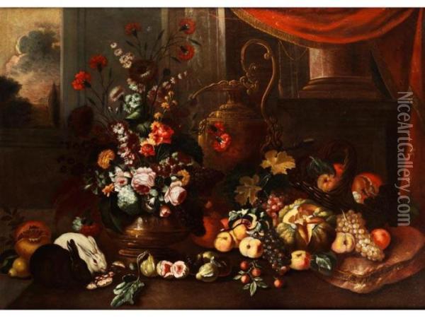 Grosses Blumen- Und Fruchtestilleben Mit Prunkgeschirr Oil Painting - Giovanni Paolo Castelli Spadino