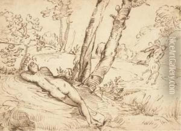 Une Femme Endormie Dans Un Paysage Avec Un Satyre Enlevant Unefemme Oil Painting - Giovanni Francesco Grimaldi