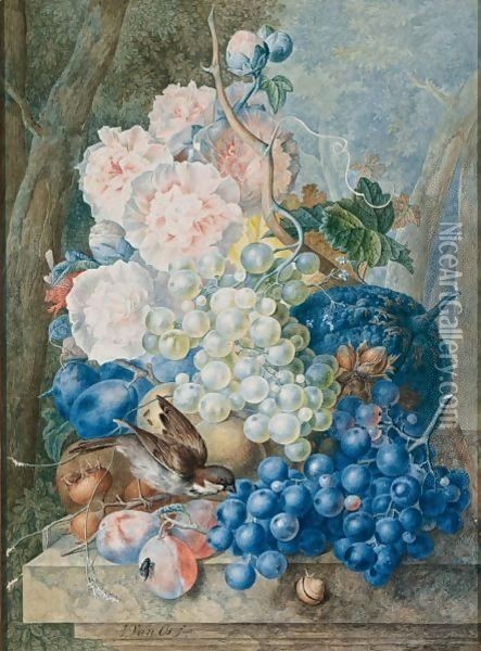 Still Life Of Fruit And Flowers With A Sparrow Oil Painting - Jan van Os