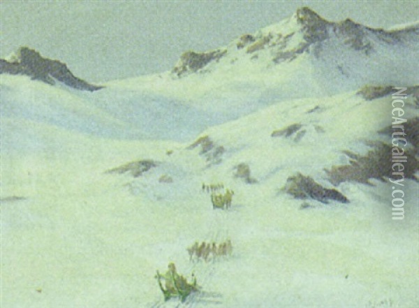 Snedaekket Landskab Med Hundeslaeder Oil Painting - Emanuel A. Petersen