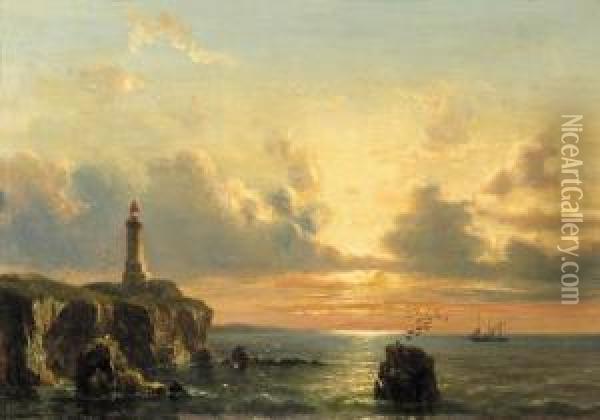 A Coastal Landscape With A Lighthouse At Sunset Oil Painting - Everhardus Koster