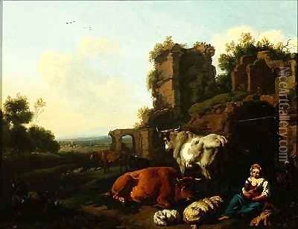 Landscape with Shepherdess Oil Painting - Dirk van Berghen
