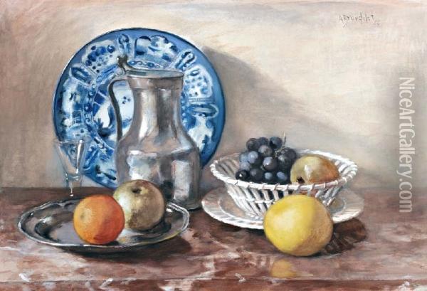 Stilleven Met Fruit, Tinnen Klepkan Enblauw-wit Bord Oil Painting - Andre Broedelet