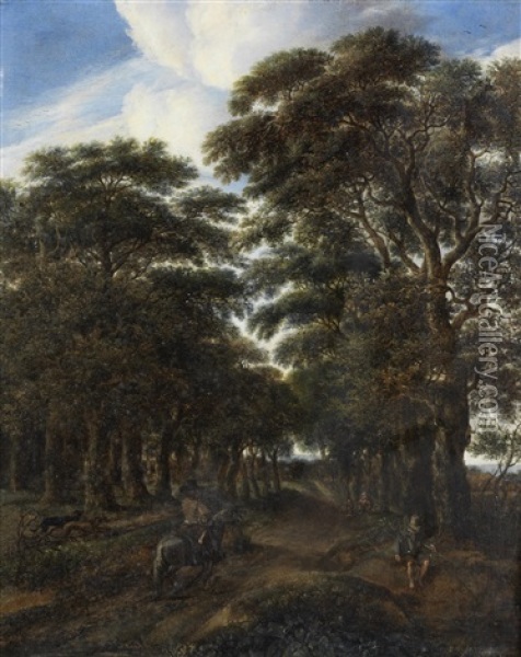 A Wooded Landscape With A Horseman On A Sandy Road And A Fisherman By A Pond In The Foreground Oil Painting - Pieter Jansz van Asch