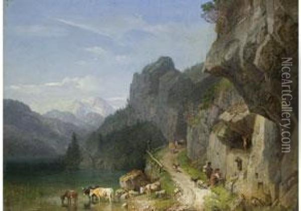 Felsenweg Am Achensee
 Mit Figurenstaffage Oil Painting - Heinrich Burkel
