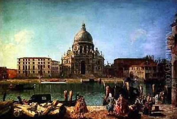 S Maria della Salute from the Rio de San Moise Venice with gentry and gondoliers in the foreground Oil Painting - M. & Guardi, G.A Marieschi