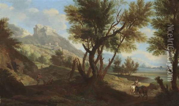 An Italianate Landscape With Figures Conversing And Travellers On Horseback, A Hilltop Settlement Beyond Oil Painting - Andrea Locatelli