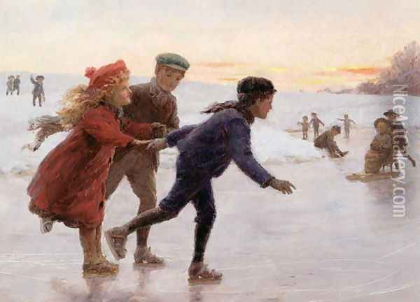 Children Skating Oil Painting - Percy Tarrant