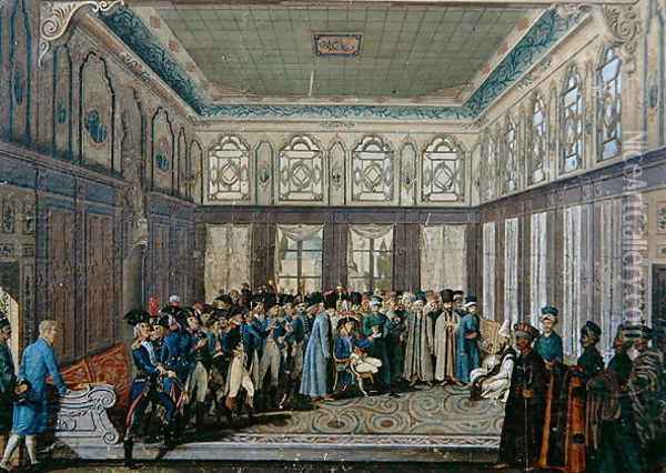 Reception of General Aubert-Dubayet by the Grand Vizier of the Sultan in Constantinople, 1796-7 Oil Painting - Antoine-Laurent Castellan