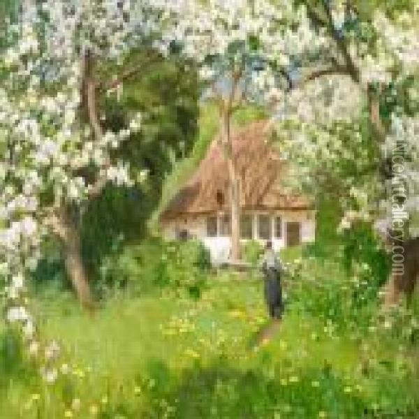 A Summer's Day In The Garden With Apple Trees In Bloom Oil Painting - Hans Anderson Brendekilde